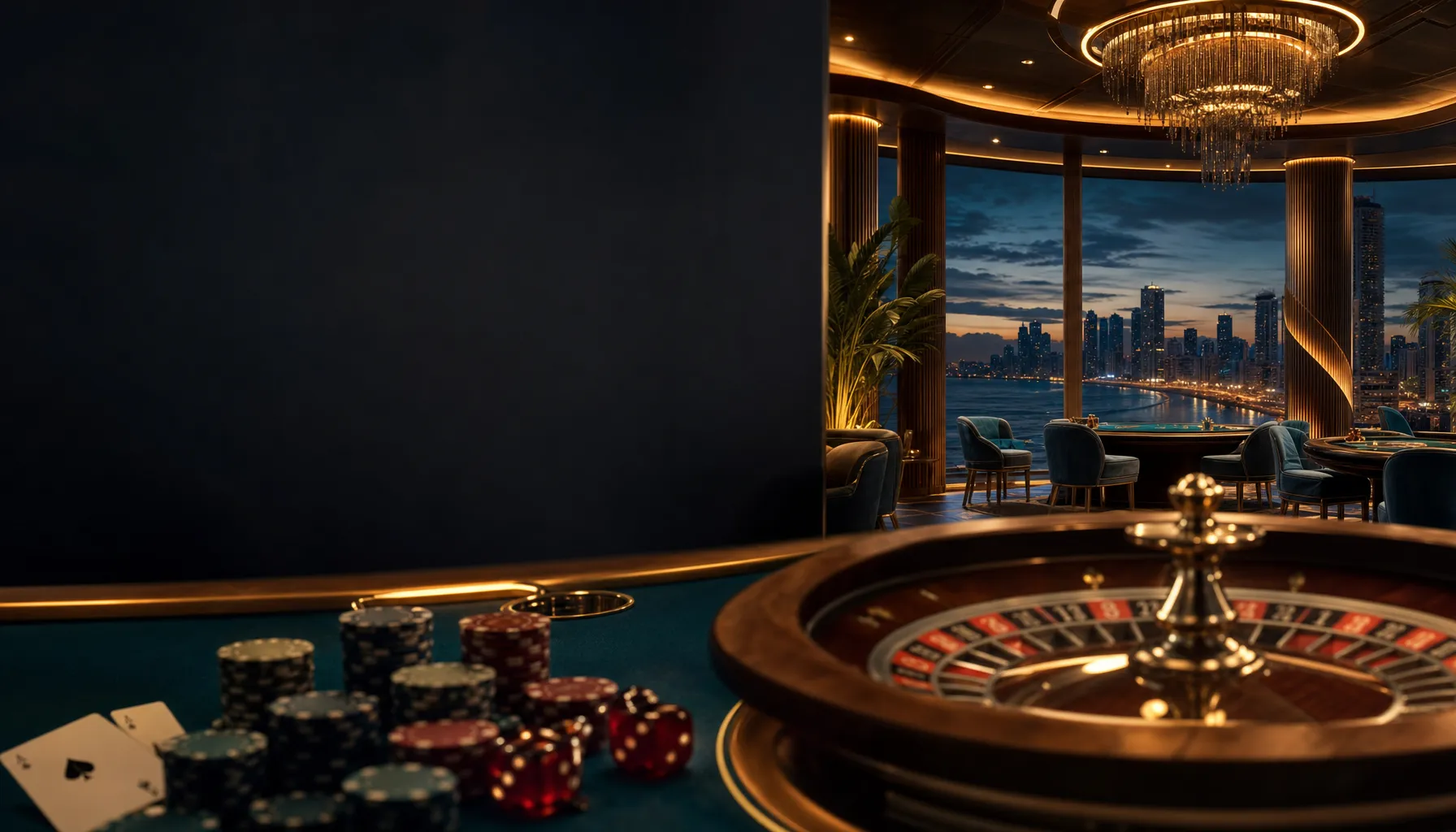 Cinematic luxury casino hero banner with warm gold and deep teal lighting, featuring roulette wheel and chips in soft bokeh f