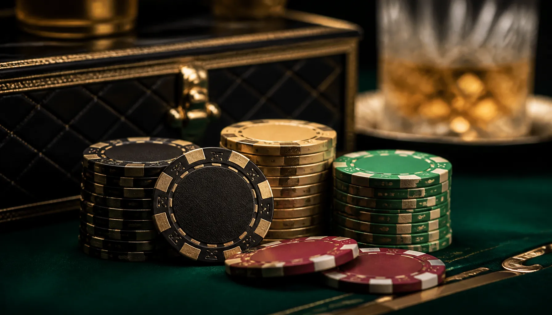 Close-up of gleaming gold coins and casino chips on a dark velvet surface with warm cinematic lighting
