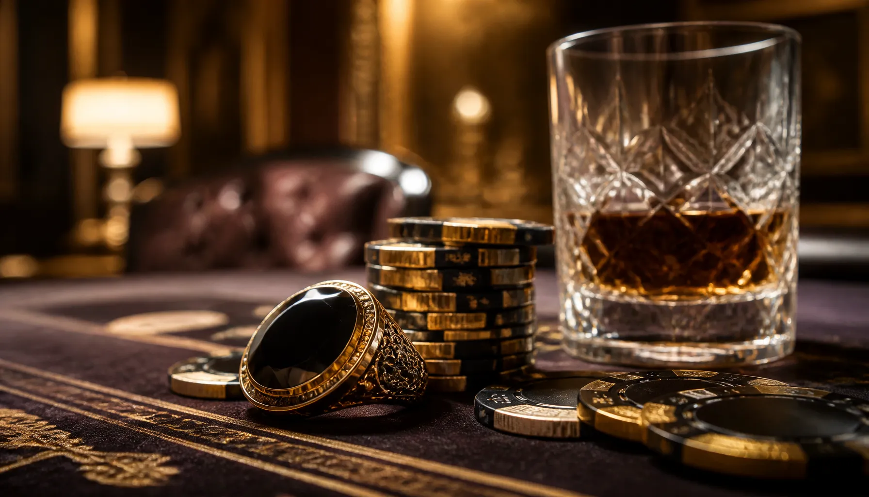 Cinematic close-up of scattered gold coins and poker chips on a dark velvet surface with warm jewel-toned lighting