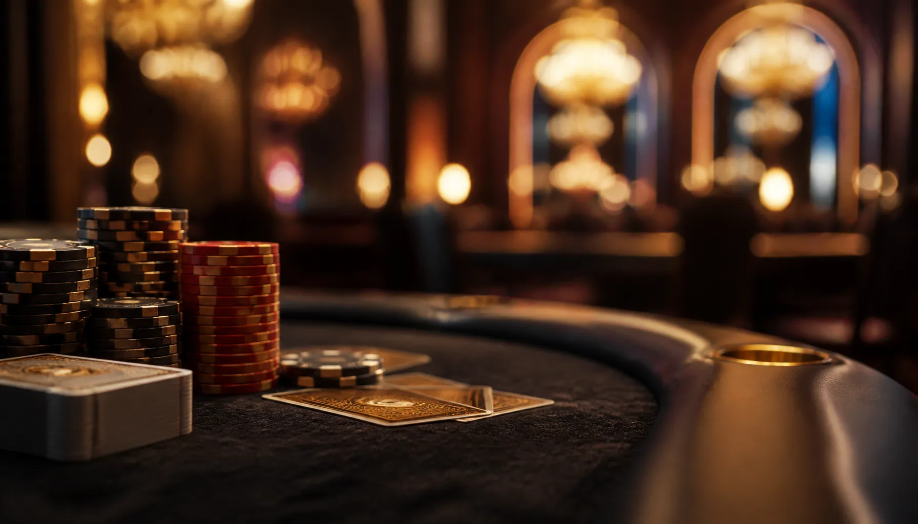 Close-up of gleaming gold dice resting on deep emerald velvet casino table with dramatic cinematic lighting