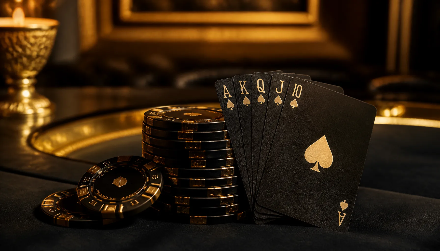 Close-up of gleaming golden casino chips and coins on a dark velvet surface with warm cinematic lighting